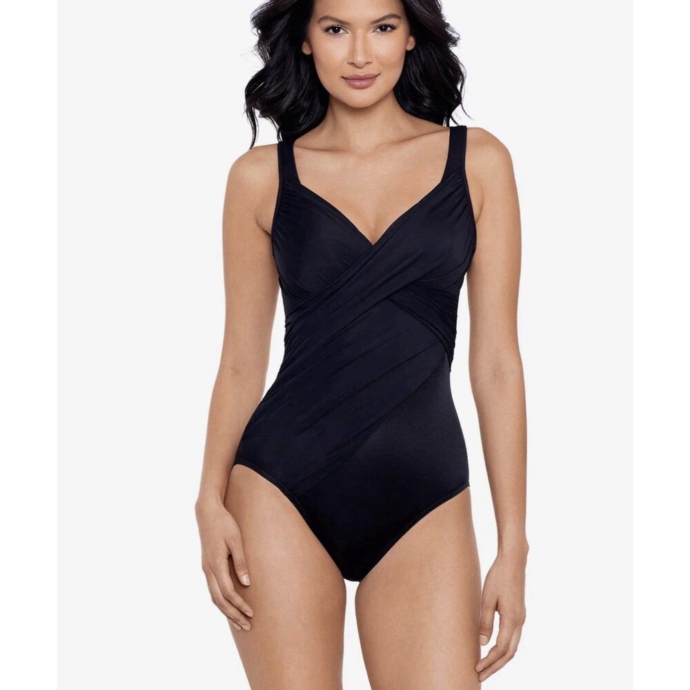 NWT Miraclesuit Revele Criss Cross One Piece Swimsuit Black SZ 12 MSRP $180